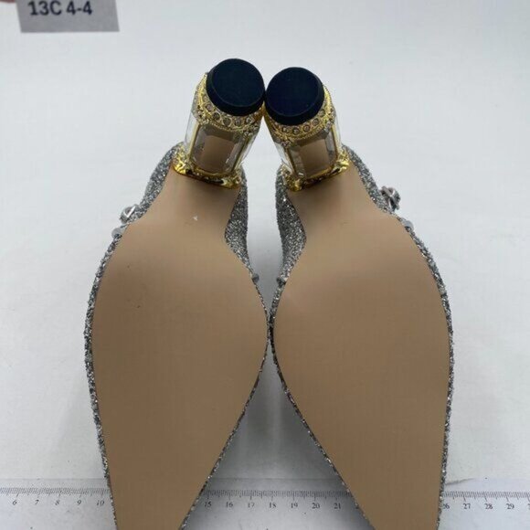 FSJ Silver GlitterCrystal Heels Pointed Toe Rhinestone Pumps Ankle Strap Shoes - Picture 7 of 8